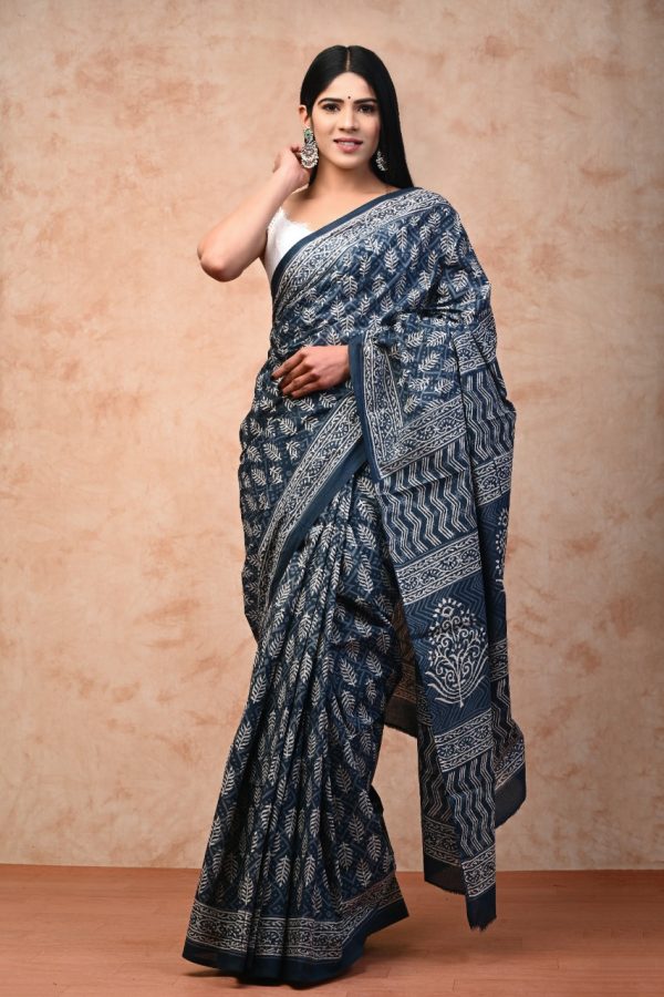 Prussian blue printed cotton saree with blouse