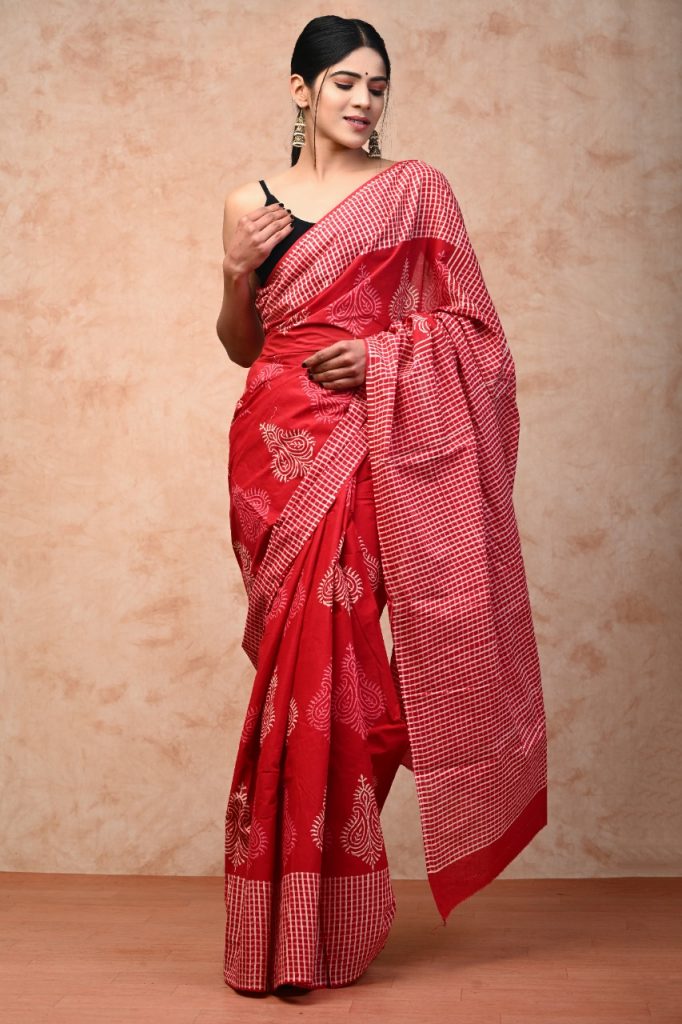 Red printed cotton saree with blouse