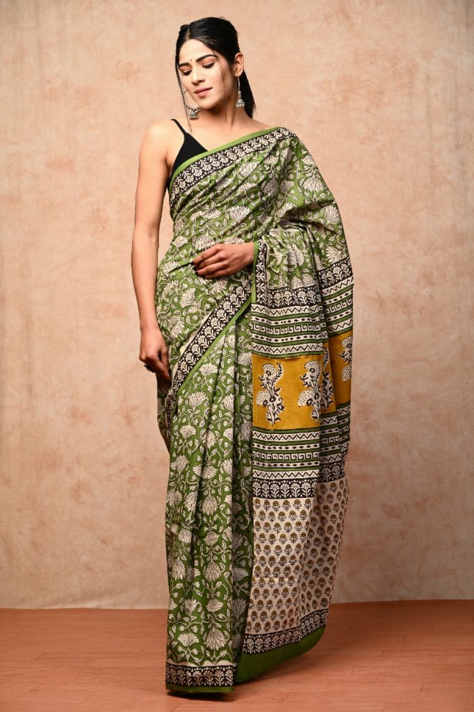 Green floral print cotton saree with blouse