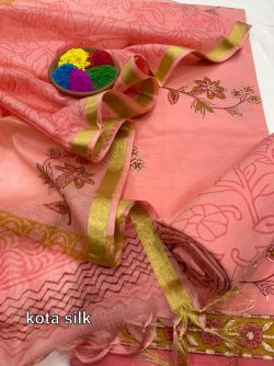 Salmon pink printed cotton suit with kota silk dupatta
