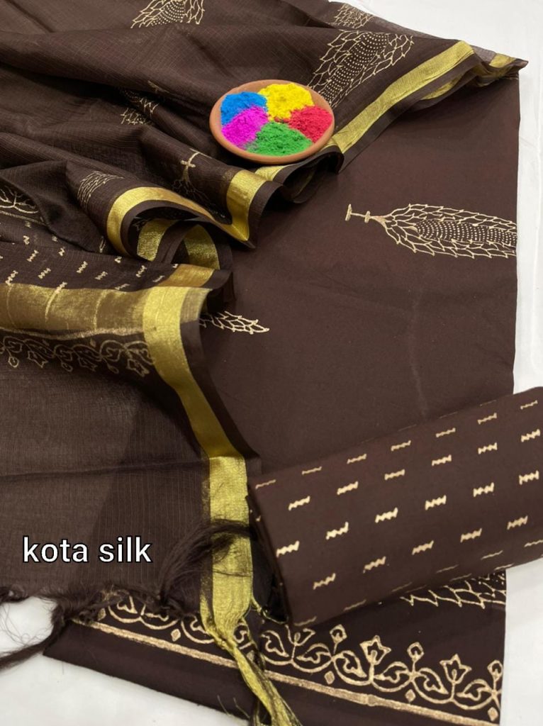 Taupe brown cotton suit with kota silk dupatta