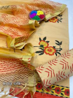 Yellowish brown mugal print cotton suit with kota silk dupatta
