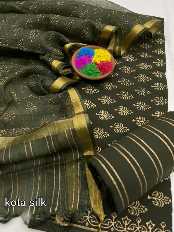 Dark green jaipuri print cotton suit with kota silk dupatta