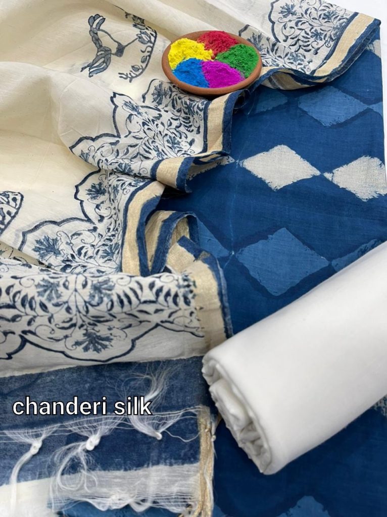 Prussian blue and white batik print cotton suit with chanderi silk dupatta