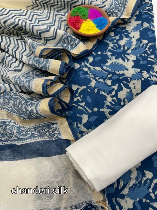Indigo blue and white printed cotton suit with chanderi silk dupatta