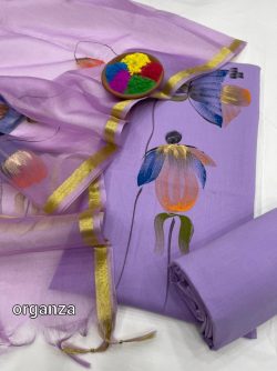 Blue violet hand printed cotton suit with organza silk dupatta