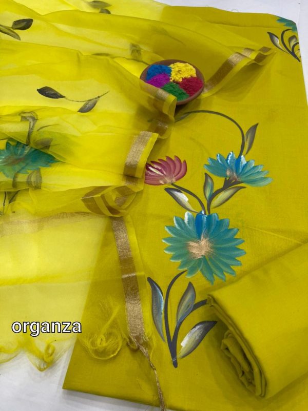Yellow green mugal print cotton suit with organza silk dupatta