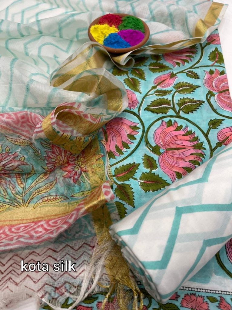 Sea green floral print cotton suit with kota silk dupatta