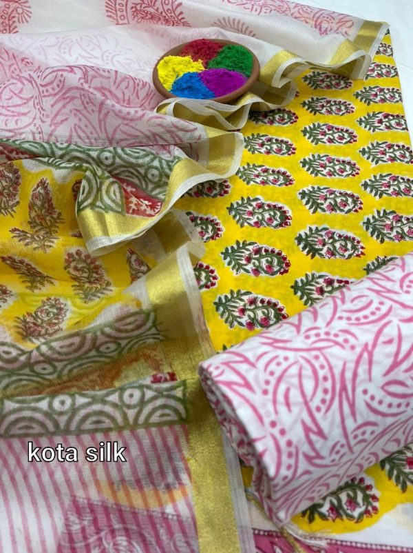 Yellow pigment print cotton suit with kota silk dupatta