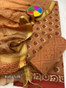 Chocolate pigment print cotton suit with kota silk dupatta