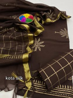 Taupe brown mugal print cotton suit with kota silk dupatta