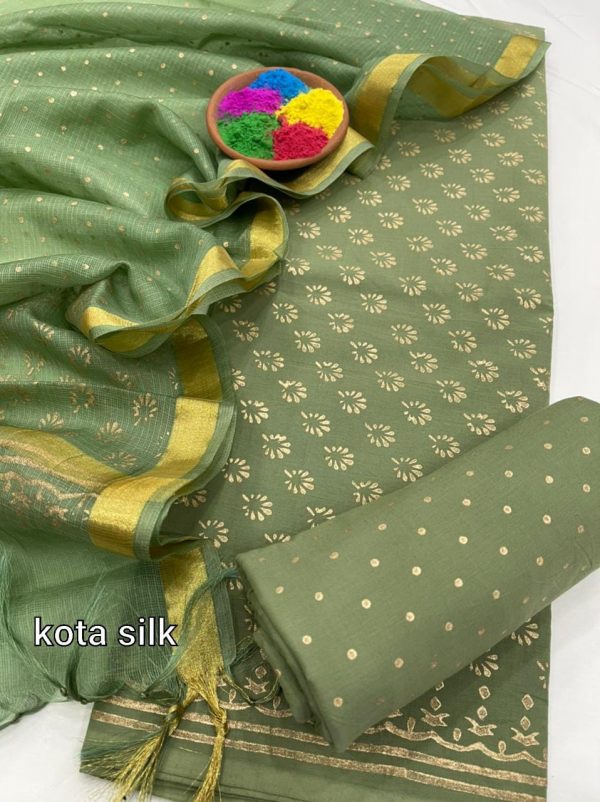 Green sanganeri print cotton suit with kota silk dupatta