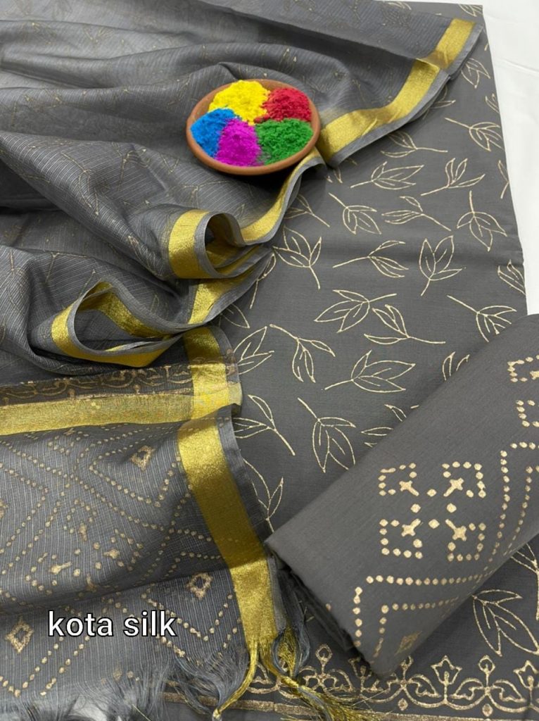 Slate gray cotton suit with kota silk dupatta