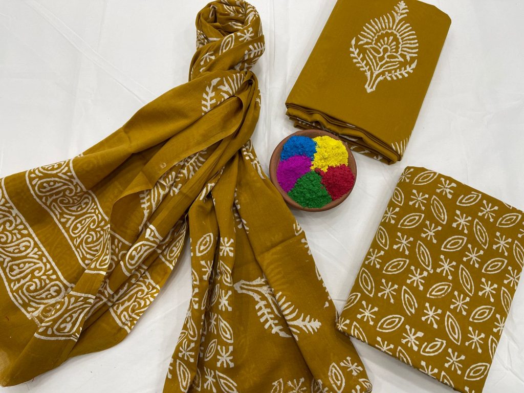 Chocolate brown mugal dabu print cotton suit with mulmul dupatta