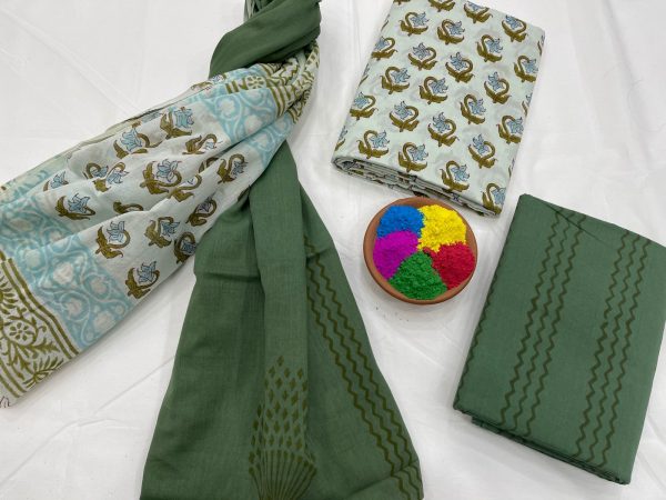 Greenish bagru print cotton suit with mulmul dupatta
