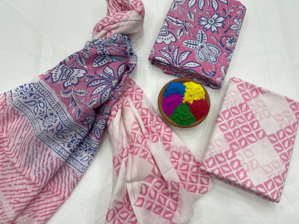 Pink floral print cotton suit with mulmul dupatta
