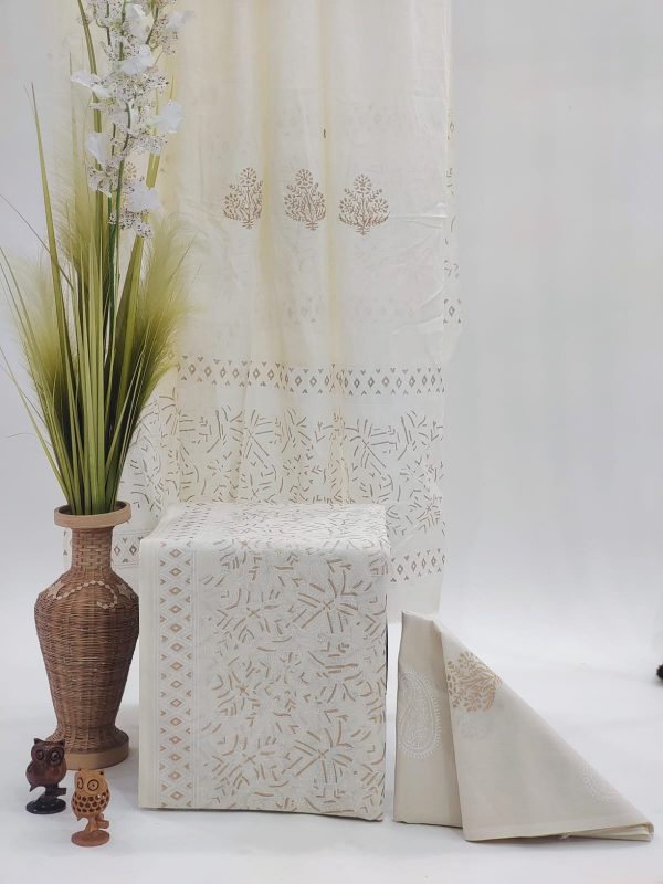 Beige white printed cotton suit with mulmul dupatta