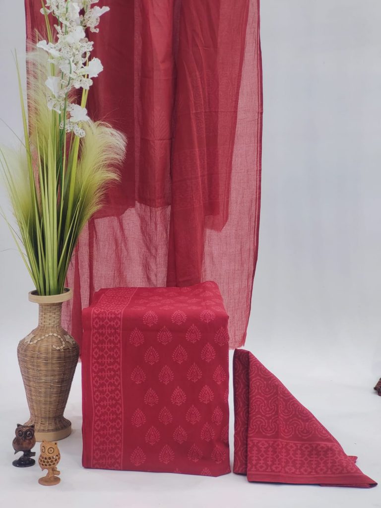 Crimson red printed cotton suit with mulmul dupatta