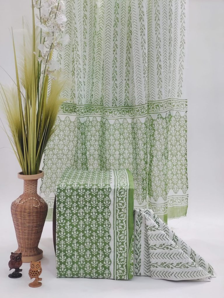 Green rapid print cotton suit with mulmul dupatta