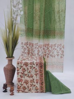 Off white and green bagru print cotton suit with mulmul dupatta