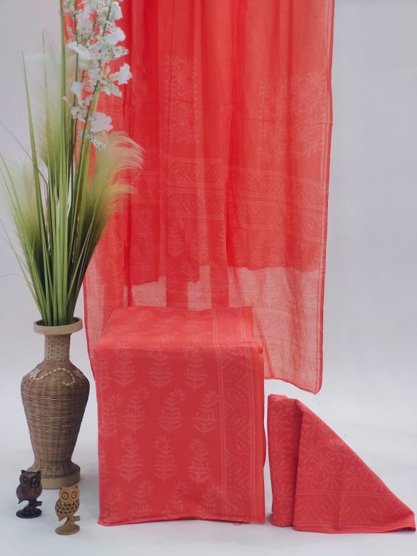 Orange-Red printed cotton suit with mulmul dupatta
