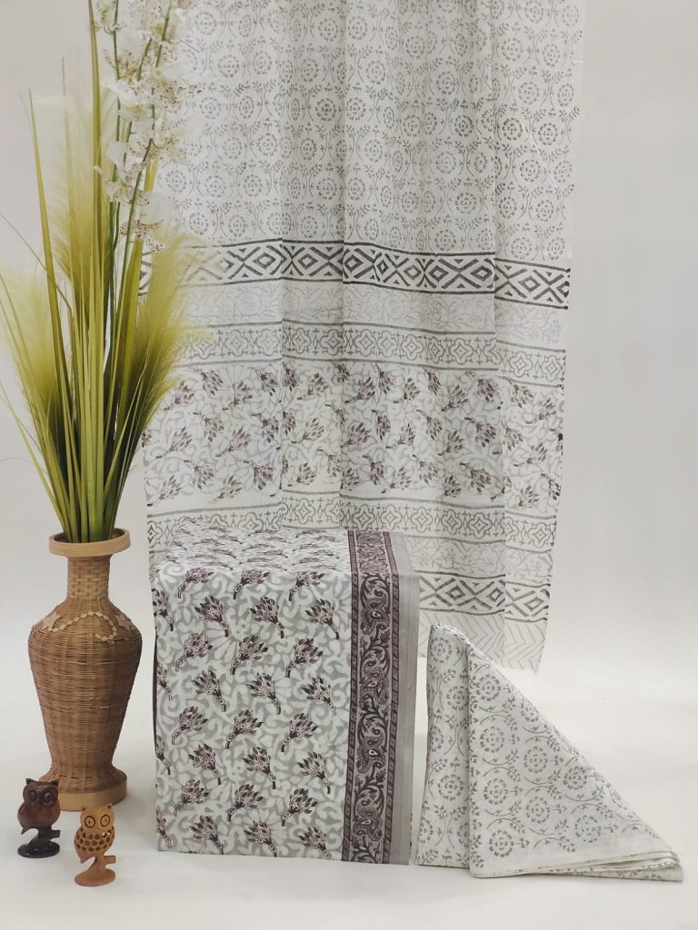 White and gray pigment print cotton suit with mulmul dupatta