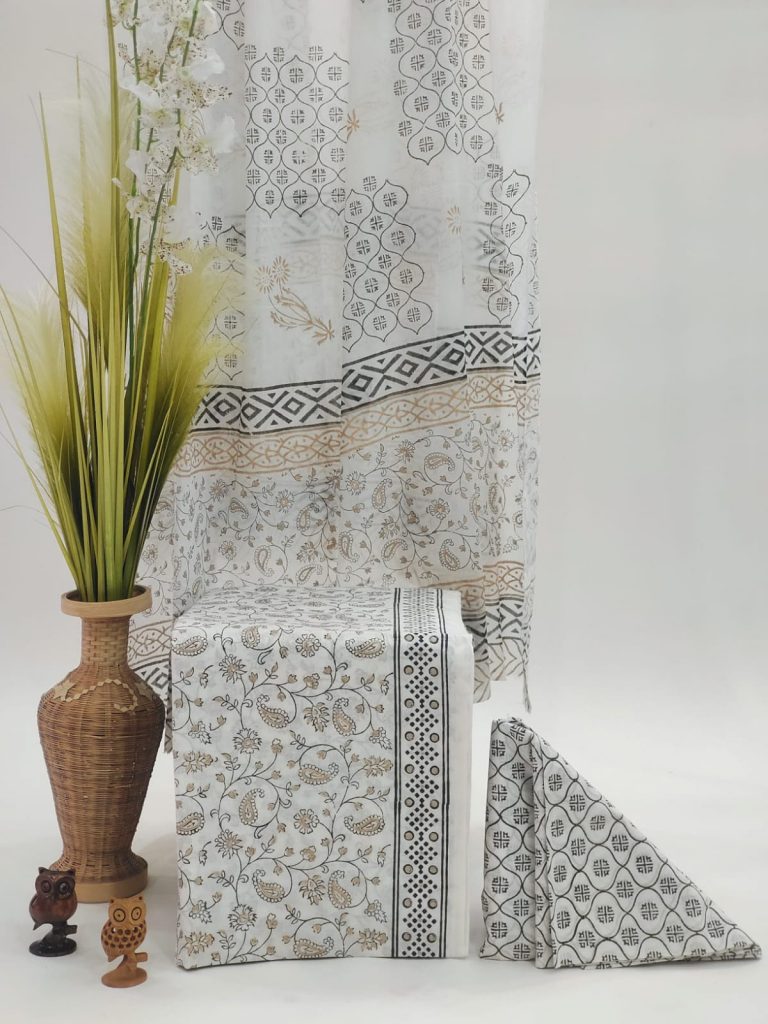 White printed cotton suit with mulmul dupatta