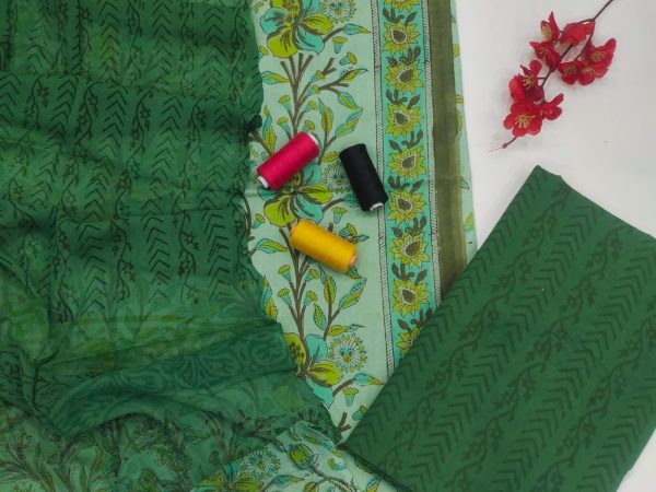 Green printed cotton suit with chiffon dupatta