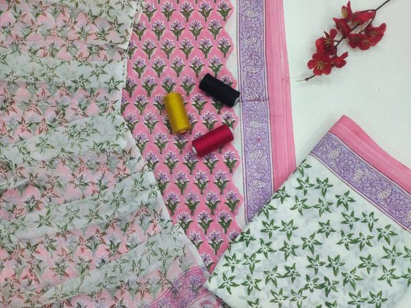 Pink rapid print cotton suit with chiffon dupatta