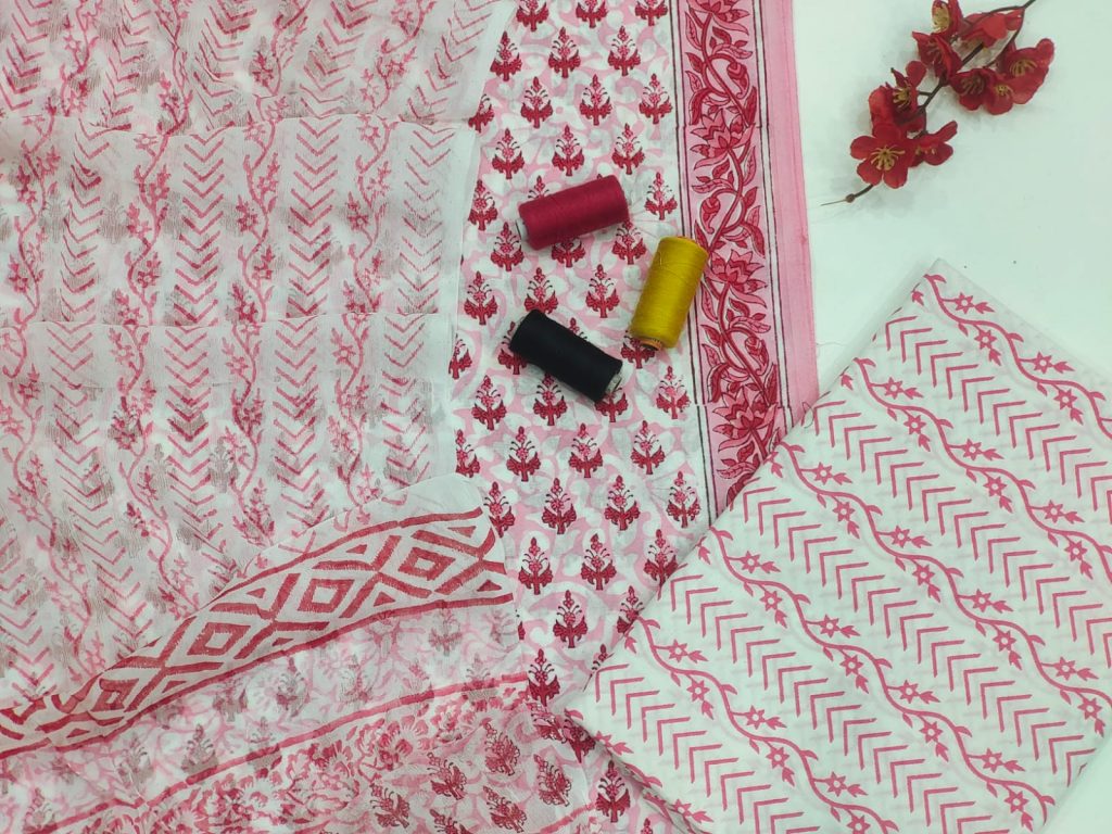White and pink bagru print cotton suit with chiffon dupatta