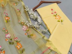Pale yellow brush printed organza dupatta cotton suit