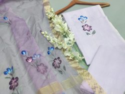 Purple mugal brush printed organza dupatta cotton suit