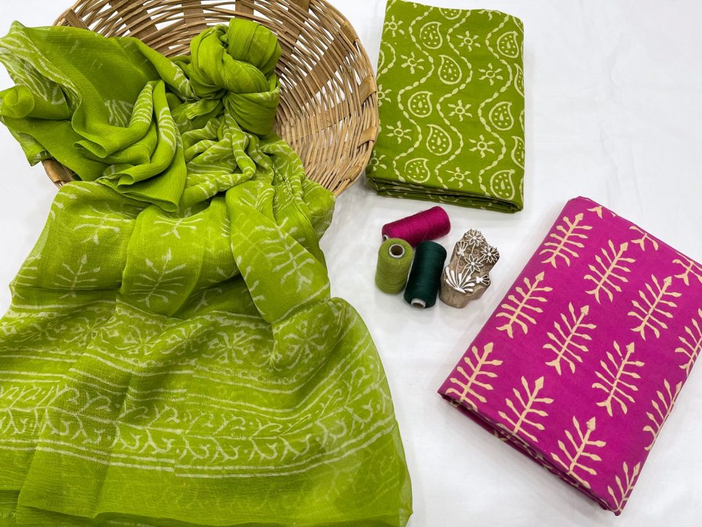 Green and pink sanganeri print cotton suit with chiffon dupatta