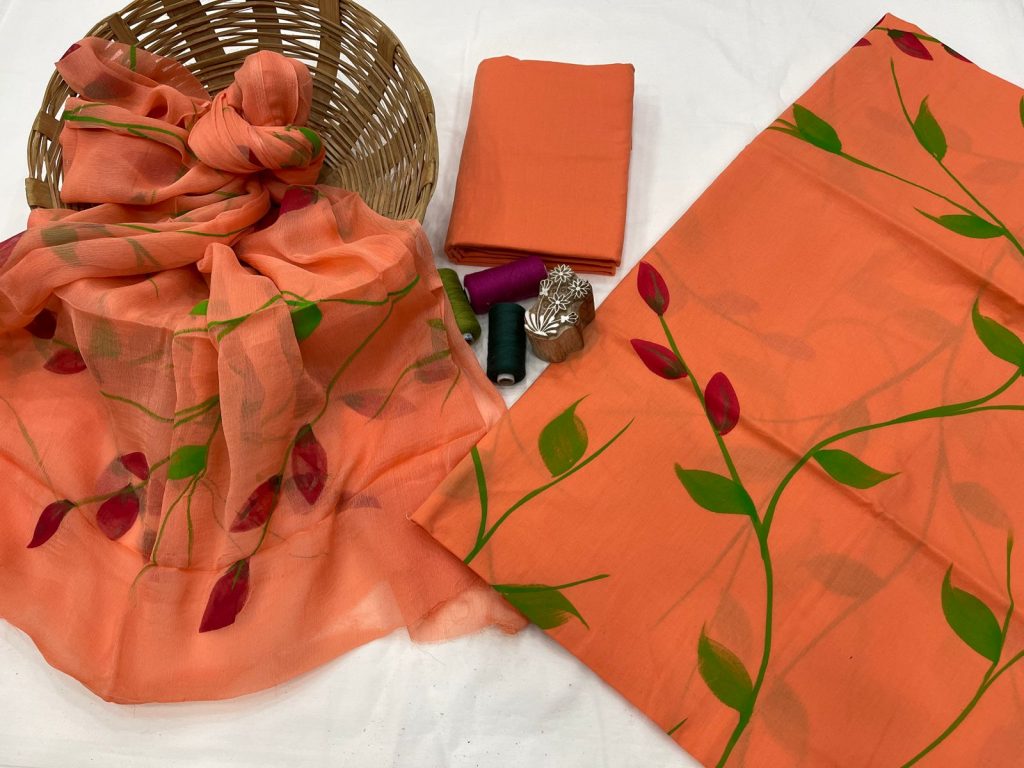 Orange printed cotton suit with chiffon dupatta