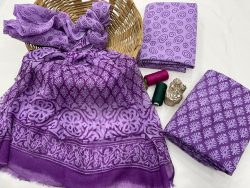 Orchid violet bagru print cotton suit with chiffon dupatta