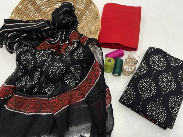 Red and black bagru print cotton suit with chiffon dupatta