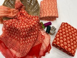 Salmon red printed cotton suit with chiffon dupatta