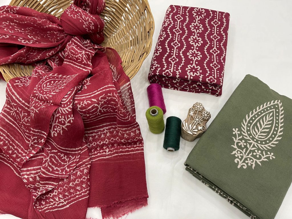Sangria red  and green mugal print cotton suit with chiffon dupatta