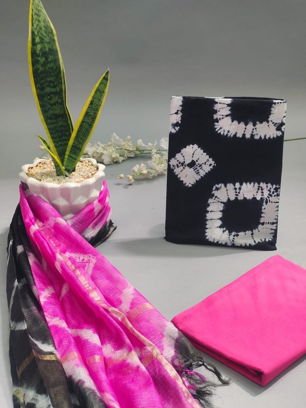 Black and pink bandhani print cotton suit with kota silk dupatta