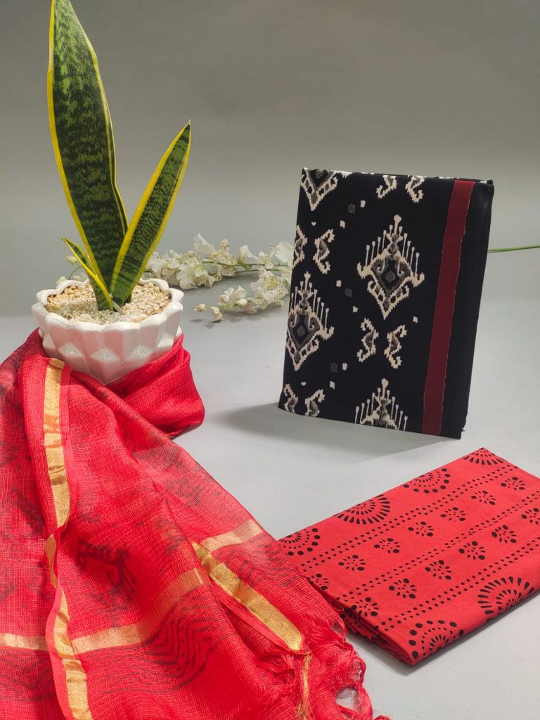 Black and red printed cotton suit with kota silk dupatta