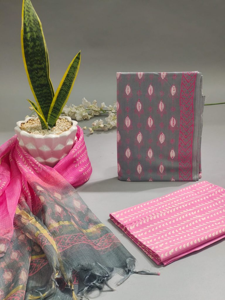 Gray and pink bagru print cotton suit with kota silk dupatta
