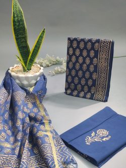 Prussian blue mugal print cotton suit with kota silk dupatta