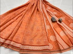 Coral orange hand block printed Chanderi silk saree
