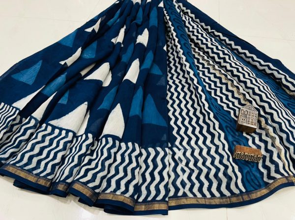 Indigo blue geomatrical hand block printed Chanderi silk saree