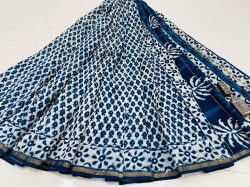 Jaipuri indigo blue hand block printed Chanderi silk saree