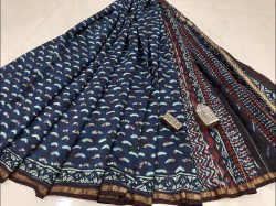 Natural indigo blue hand block printed Chanderi silk saree