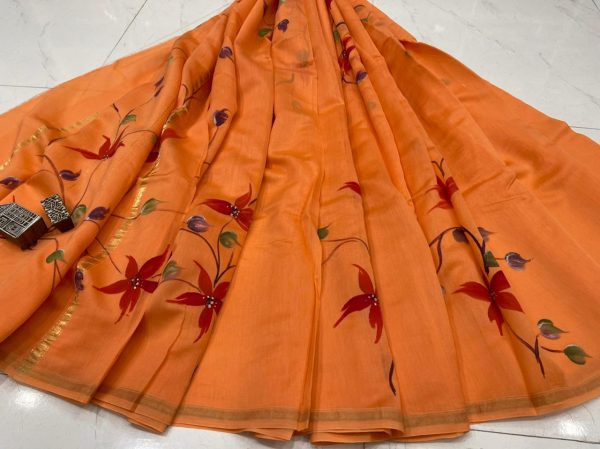 Orange bruh painted hand block printed Chanderi silk saree