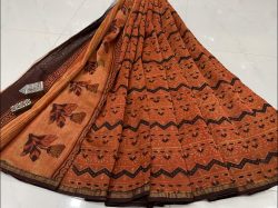 Orange hand block printed Chanderi silk saree