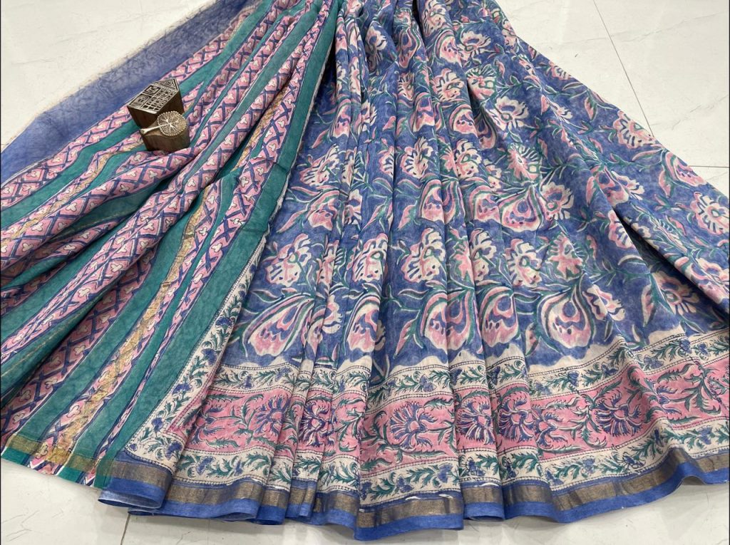 Prussian blue gad hand block printed Chanderi silk saree