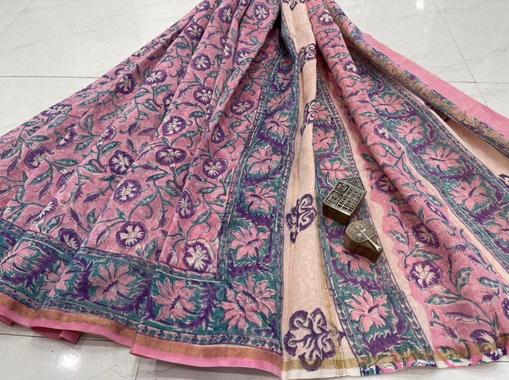 Puce floral hand block printed Chanderi silk saree